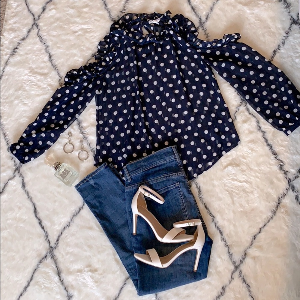 Sheer Polk a dot Cold shoulder top